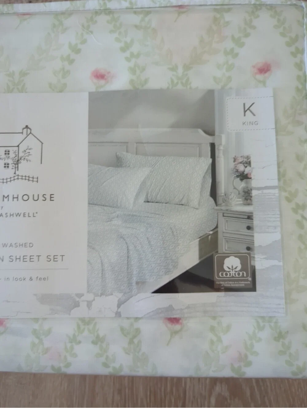 NWT Rachel Ashwell Farmhouse 4pc King Sheet Set Pink Roses Green Floral Cotton